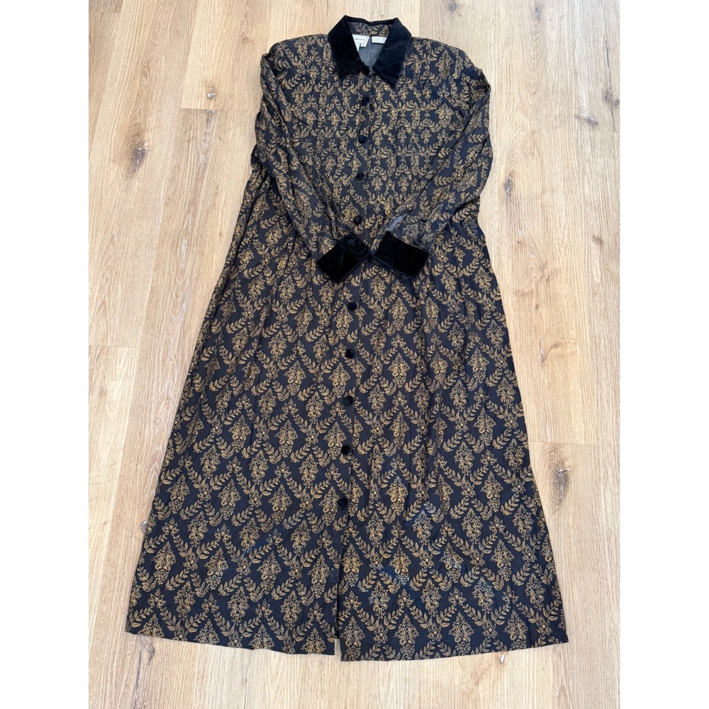 Karin‎ Stevens Maxi Dress Womens 16 Black Gold Velvet Trim Botanical 90s